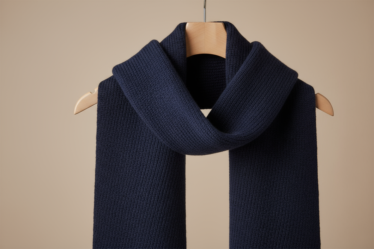 A men’s fine-gauge knitted scarf made from baby alpaca and merino wool, color deep navy blue, with a double twill knit pattern creating elegant diagonal ribs. The scarf hangs neatly on a light wood modern hanger, photographed in front of a neutral beige background with soft, diffused lighting. Realistic texture detail, smooth surface, subtle shadows highlighting the knit direction, professional e-commerce studio photography emphasizing premium craftsmanship and fabric depth.