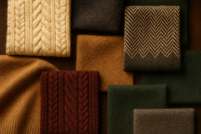 "Alpaca & Merino blended hats and beanies in multiple colors and patterns. Luxury old-fashion style, centered, elegant display. Horizontal format."

Only show different textures, not hats