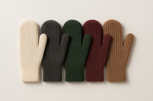 Clean product photo of Hearth Rib Mittens displaying all five colorways in one frame, laid flat to show the rib structure. Prompt must state “machine-knitted with modern flat machines; premium baby alpaca blend.” Subtle soft lighting, square 2048×2048.
Filename: alpaca-wholesale-mittens-hearth-rib.jpg
Alt text: Hearth Rib Mittens - wholesale alpaca mittens in 5 colors, rib machine-knit