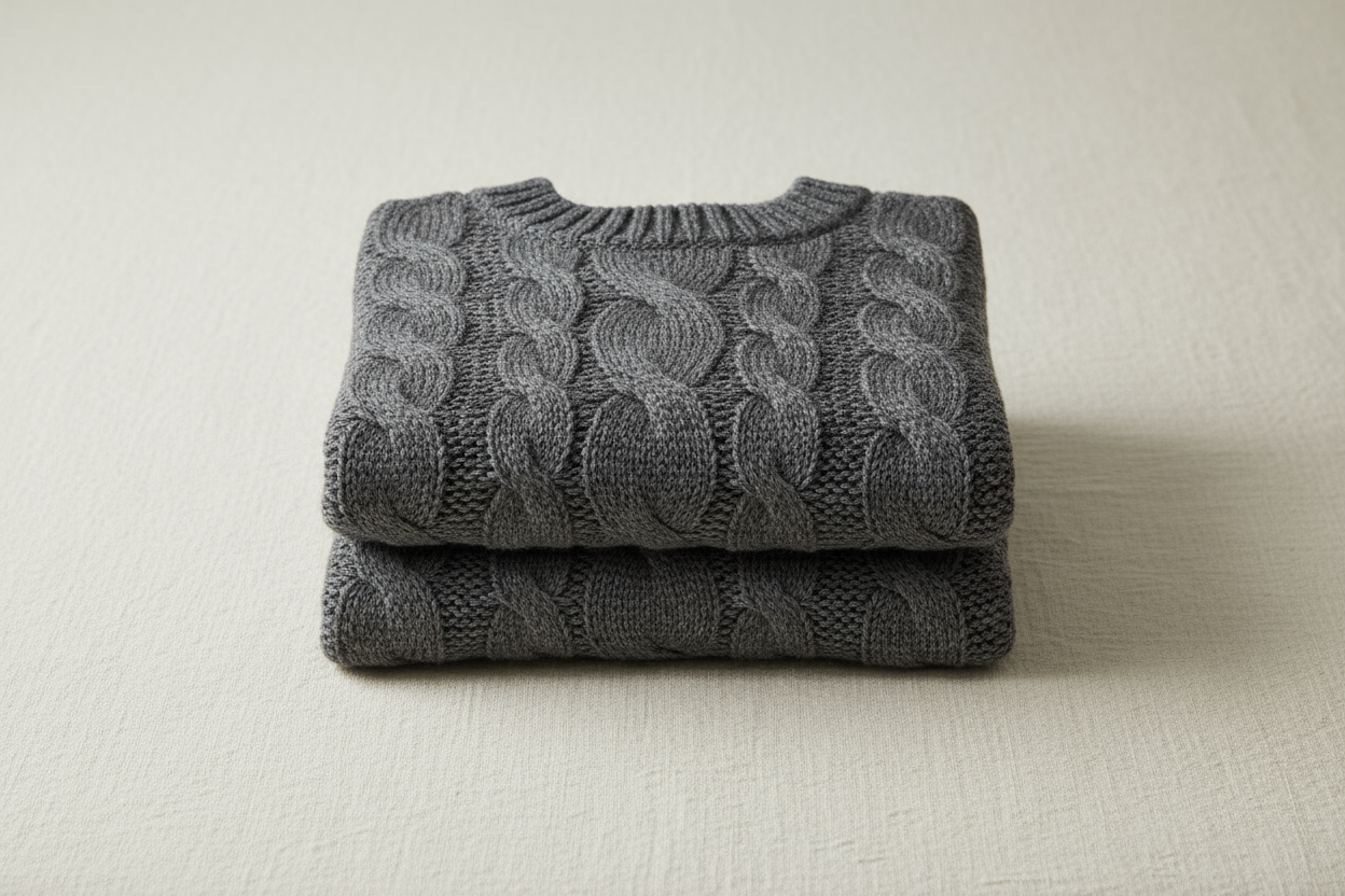 Create a catalog image of a folded cable knit alpaca sweater in charcoal gray (#3C3C3C) neatly stacked on a light textile surface (#F2EDE6). Show partial cable knit detail and ribbed cuff visible. Lighting natural and diffused. Output: horizontal 3:4, 3000x2250 px.