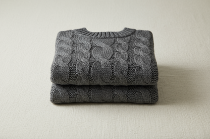 Create a catalog image of a folded cable knit alpaca sweater in charcoal gray (#3C3C3C) neatly stacked on a light textile surface (#F2EDE6). Show partial cable knit detail and ribbed cuff visible. Lighting natural and diffused. Output: horizontal 3:4, 3000x2250 px.