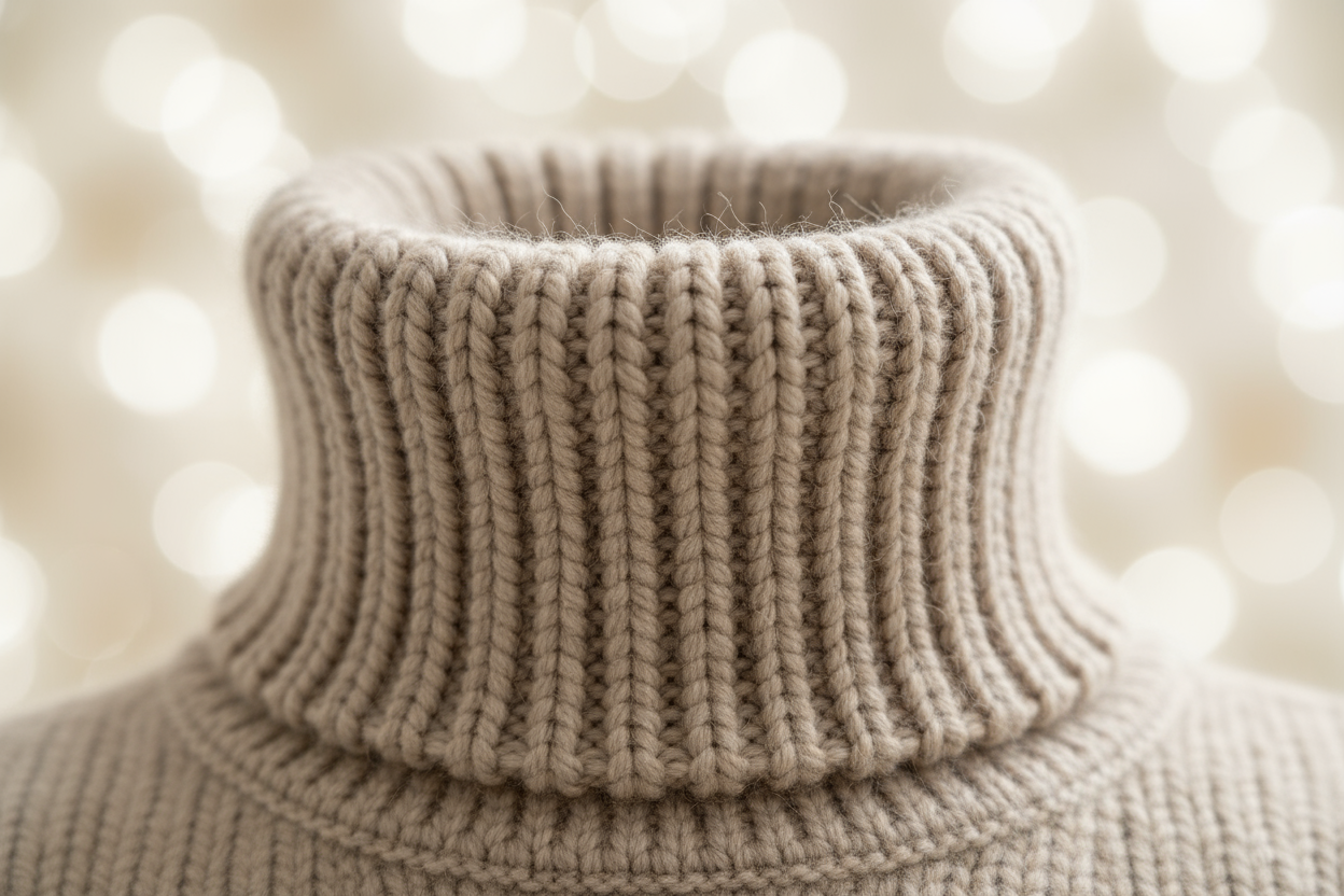 Create a close-up ecommerce detail image of the Beige Alpaca Turtleneck Sweater showing fiber and construction. Shot: macro close-up on collar and rib knit texture. Garment details: 100% Baby Alpaca, medium-heavy rib knit, visible stitch definition and yarn halo. Background: blurred cream backdrop (bokeh) to keep focus on texture. Lighting: high-key soft light to reveal fiber loft and stitch clarity. Use this for material & quality zoom on product page. Filename: mens-beige-alpaca-turtleneck-detail.jpg.