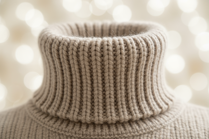 Create a close-up ecommerce detail image of the Beige Alpaca Turtleneck Sweater showing fiber and construction. Shot: macro close-up on collar and rib knit texture. Garment details: 100% Baby Alpaca, medium-heavy rib knit, visible stitch definition and yarn halo. Background: blurred cream backdrop (bokeh) to keep focus on texture. Lighting: high-key soft light to reveal fiber loft and stitch clarity. Use this for material & quality zoom on product page. Filename: mens-beige-alpaca-turtleneck-detail.jpg.