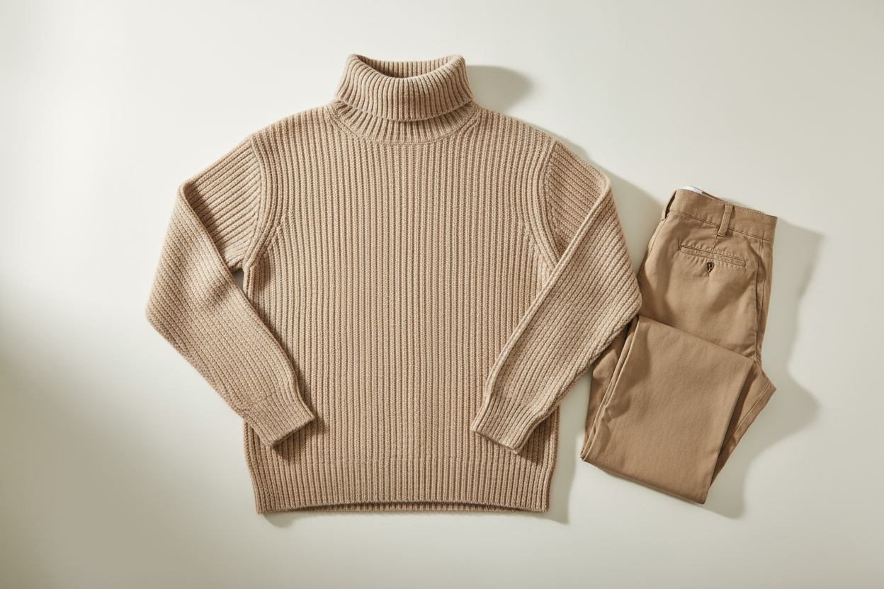 Create a flatlay ecommerce image of the Beige Alpaca Turtleneck Sweater styled for B2B catalog use. Garment details: 100% Baby Alpaca, medium-heavy rib knit. Layout: sweater laid flat with sleeves arranged naturally, next to a neutral accessory (e.g., leather watch or folded chinos) to show lifestyle pairing for wholesale merchandising. Background: smooth cream surface with subtle shadow. Lighting: flattering natural-looking light to show color accuracy. Emphasize overall silhouette, collar height, and hem 