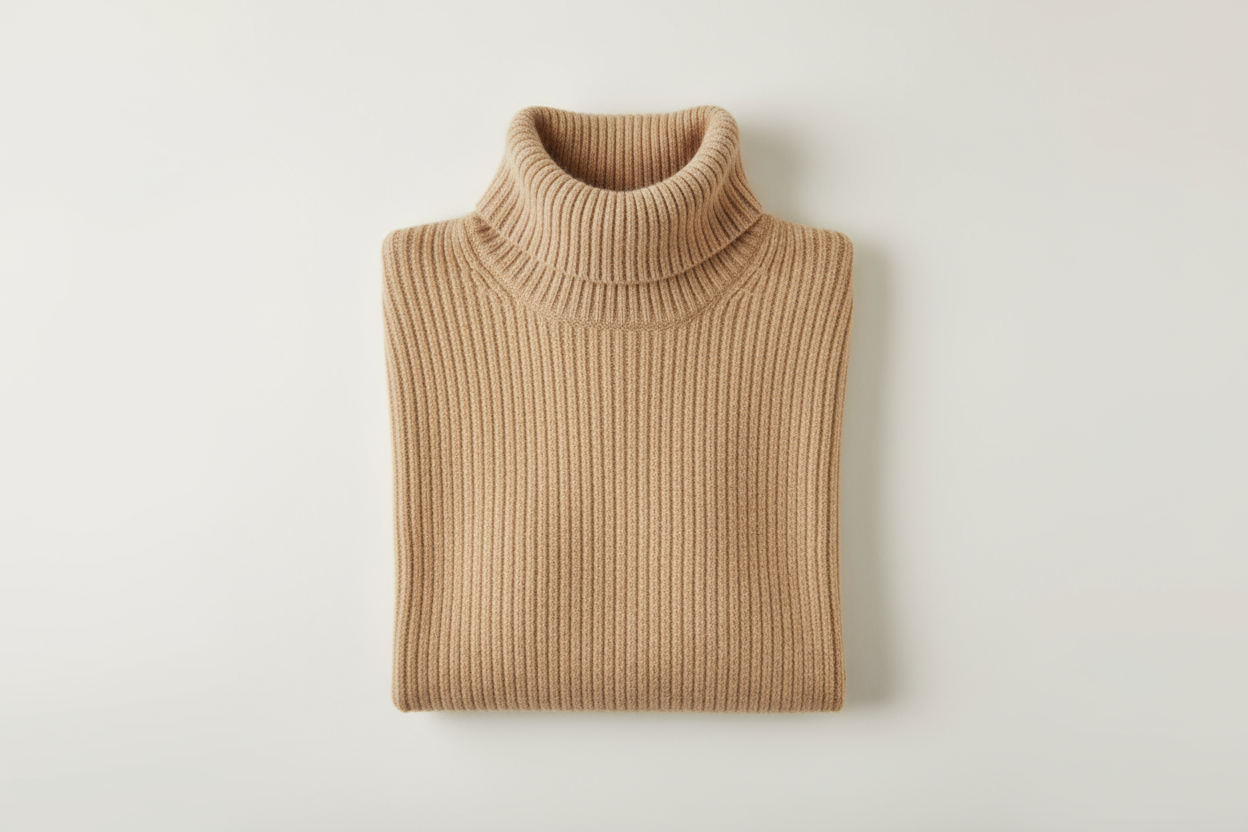 Create a high-resolution ecommerce product image of a Men’s Beige Alpaca Turtleneck Sweater — color: warm beige. Garment details: 100% Baby Alpaca, medium-heavy rib knit, turtleneck collar, no logos (white-label). Presentation: sweater neatly folded flat, front-facing with collar visible. Background: clean light cream studio background. Lighting: soft, diffused, neutral white to show true color and natural fiber sheen. Emphasize visible rib texture and stitch definition. Output filename suggestion: mens-bei