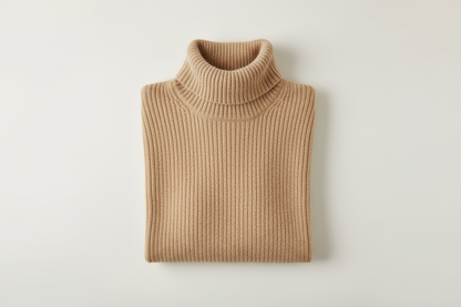 Create a high-resolution ecommerce product image of a Men’s Beige Alpaca Turtleneck Sweater — color: warm beige. Garment details: 100% Baby Alpaca, medium-heavy rib knit, turtleneck collar, no logos (white-label). Presentation: sweater neatly folded flat, front-facing with collar visible. Background: clean light cream studio background. Lighting: soft, diffused, neutral white to show true color and natural fiber sheen. Emphasize visible rib texture and stitch definition. Output filename suggestion: mens-bei