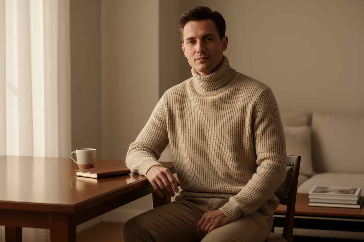 Create a lifestyle ecommerce image of a man wearing the Beige Alpaca Turtleneck Sweater in a refined interior setting. Garment details: 100% Baby Alpaca, medium-heavy rib knit, turtleneck. Scene: seated at a wooden table or on a neutral sofa, soft daylight from side window, warm tones that match the brand palette (cream/beige). Model styling: smart-casual (chinos), minimal props. Purpose: aspirational shot for wholesale lookbook and marketing. Keep sweater free of branding and show realistic texture and dra