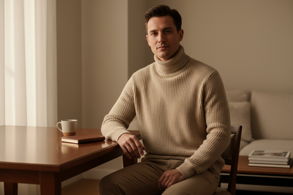 Create a lifestyle ecommerce image of a man wearing the Beige Alpaca Turtleneck Sweater in a refined interior setting. Garment details: 100% Baby Alpaca, medium-heavy rib knit, turtleneck. Scene: seated at a wooden table or on a neutral sofa, soft daylight from side window, warm tones that match the brand palette (cream/beige). Model styling: smart-casual (chinos), minimal props. Purpose: aspirational shot for wholesale lookbook and marketing. Keep sweater free of branding and show realistic texture and dra