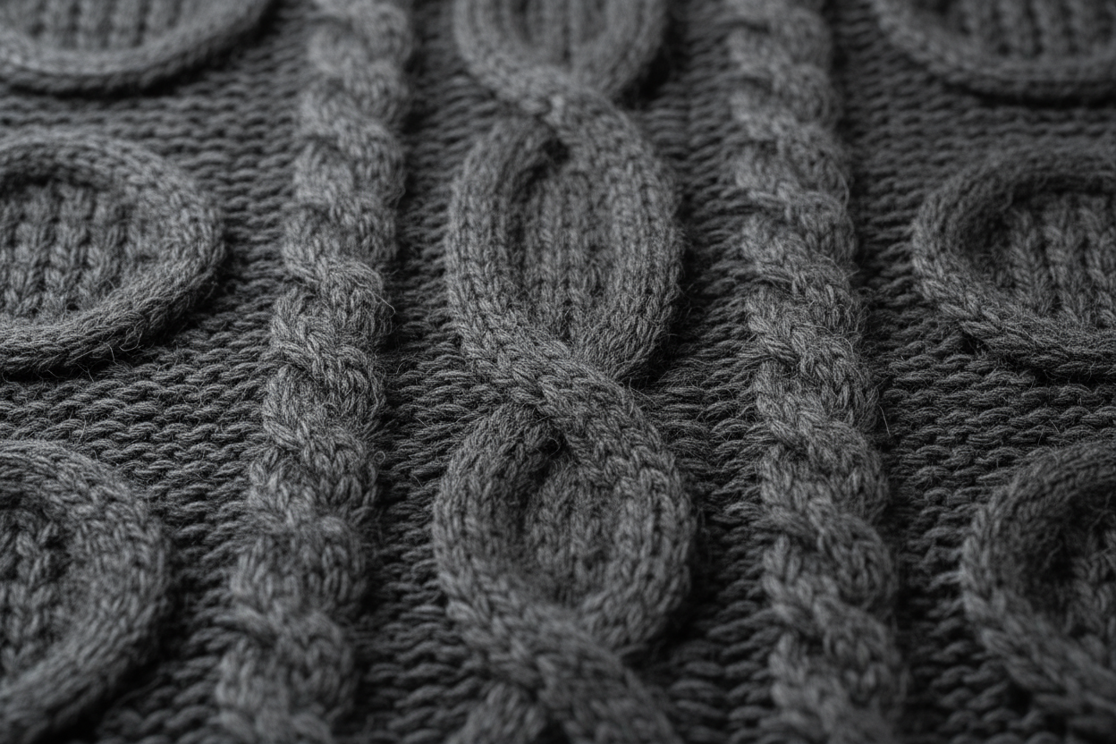 Create a macro photo of the Cable Knit Alpaca Sweater – Charcoal (#3C3C3C) focusing on the cable knit texture and fiber softness. The shot should capture the density and definition of the knit pattern. Lighting soft and directional to emphasize weave depth. Output: square 2048x2048 px.