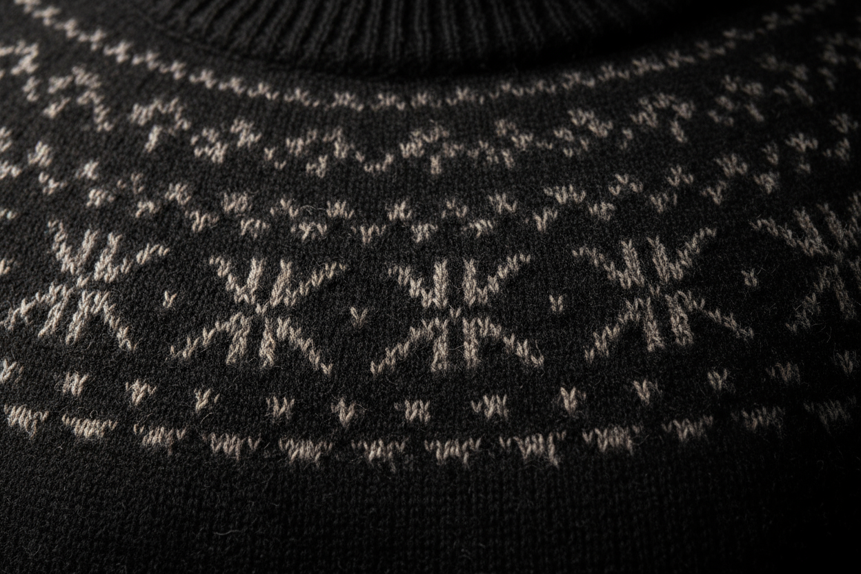 Create a macro photo of the Nordic Alpaca Sweater – Black (#1A1A1A) showing the jacquard weave and Baby Alpaca fiber texture. Focus on the upper chest and collar area. Lighting should highlight the fiber softness and density. Output: square 2048x2048 px.