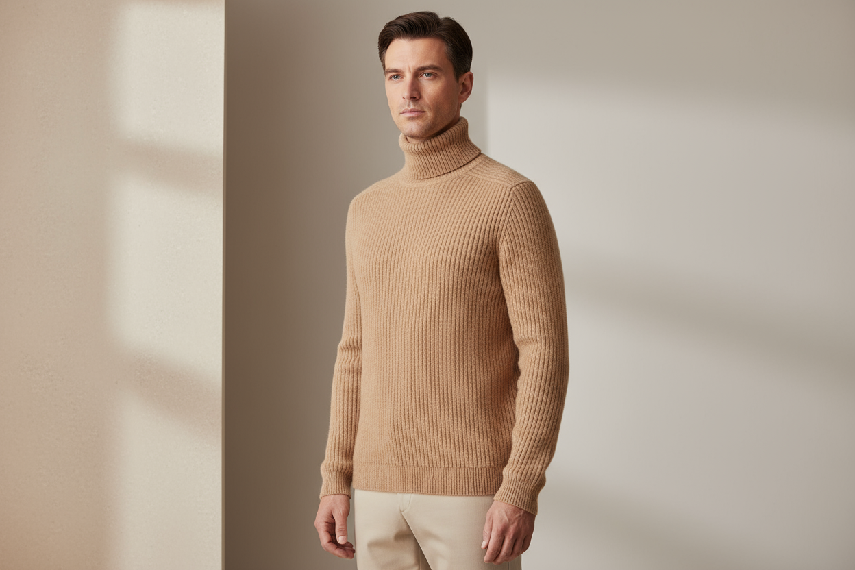 Create a professional model shot of a male model wearing a Beige Alpaca Turtleneck Sweater — color: warm beige. Garment details: 100% Baby Alpaca, medium-heavy rib knit, true slim-to-regular fit. Model: age 30–40, neutral expression, standing three-quarter view, sweater zipped/untucked as appropriate for turtleneck styling. Background: subtle neutral studio (light stone or soft beige). Lighting: directional softbox to create depth and show drape and fit. Emphasize collar fit, sleeve length, and shoulder con