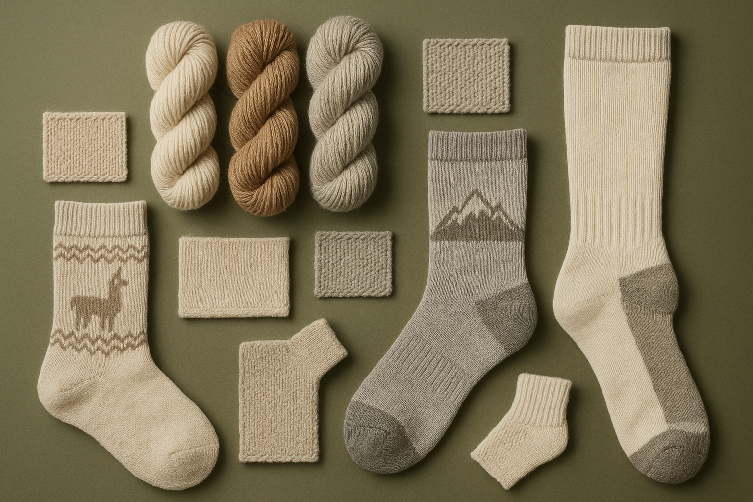 Create a realistic image of alpaca & merino blend socks and yarn, highlighting texture and warmth. Use a military green old fashion style background, with complementary soft beige, grey, and cream tones on the product. Include folded socks, yarn bundles, and small swatches. Adaptable for desktop, tablet, and mobile, commercial and aspirational.

You must show performance, hiking socks, ski socks, knitted patterns of alpaca, knitted patterns of mountains