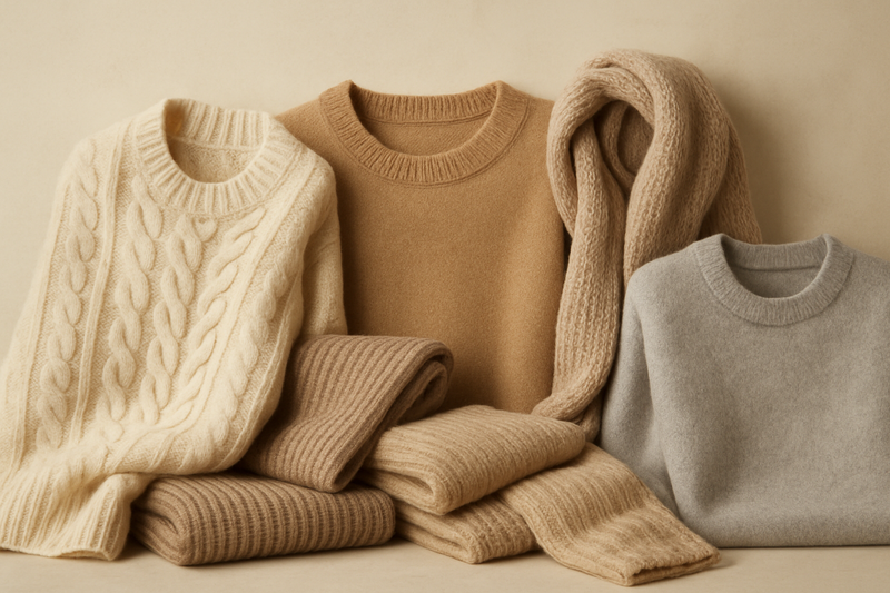 Create a square image (600 x 600 px) for The Alpaca Factory – Luxury Knitwear in an old-fashioned British aesthetic.
The knitwear must be in different textures and elegant tones
Highlight fine knitwear textures, soft wool tones, and a refined studio background in cream and taupe hues.
It is no neccessary any letter nor text
The style must convey elegance, heritage, and quiet luxury.