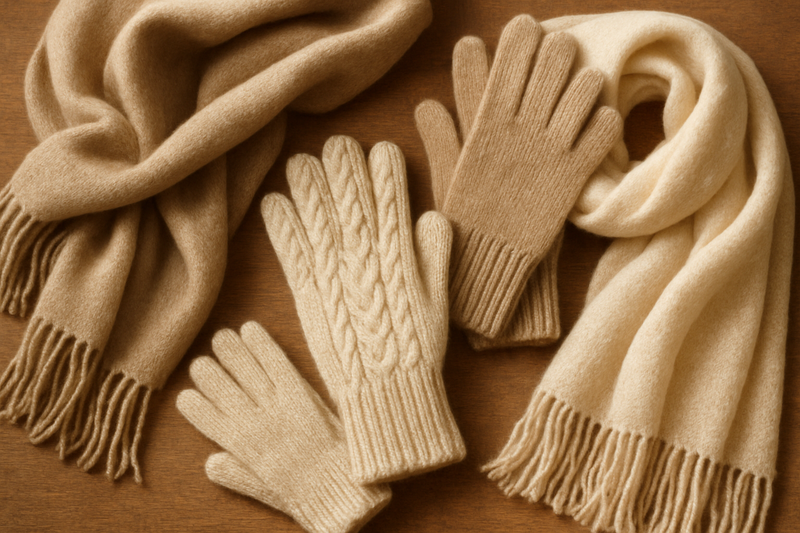 Create a square image (600 x 600 px) for The Alpaca Factory – Thermal Accessories in a British old-fashion style.
Include subtle visual cues like alpaca scarves, gloves, or wool textures in neutral beige and ivory tones.
The image should feel natural, cozy, and artisanal
It is no necessary any letter nor text in the image
You must show elegant textures in different products and natural cream tones