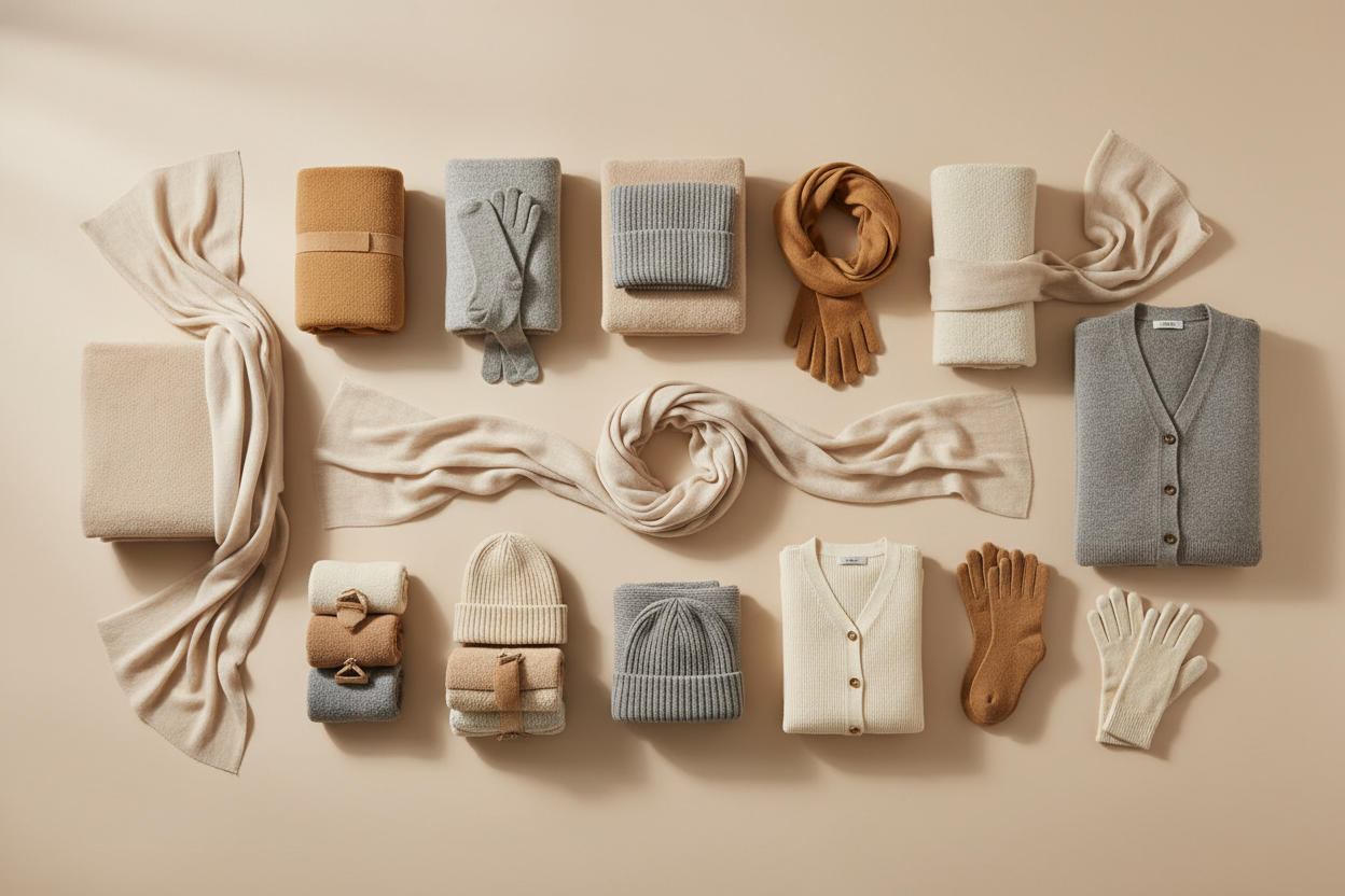 Create a wide banner (1920x200 px) showcasing premium alpaca products — throws, scarves, socks, gloves, beanies, and knitwear — in classic alpaca colors (beige, camel, gray, ivory).
Style: old-fashioned elegance, soft natural lighting, neutral warm background, and refined composition.
No text or models — focus on textures, folds, and timeless craftsmanship for a European luxury aesthetic.
It must look centered