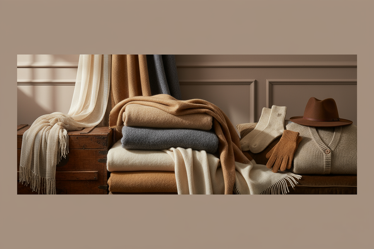 Create a wide banner (1920x200 px) showcasing premium alpaca products — throws, scarves, socks, gloves, hats and knitwear — in classic alpaca colors (beige, camel, gray, ivory).
Style: old-fashioned elegance, soft natural lighting, neutral warm background, and refined composition.
No text or models — focus on textures, folds, and timeless craftsmanship for a European luxury aesthetic.
