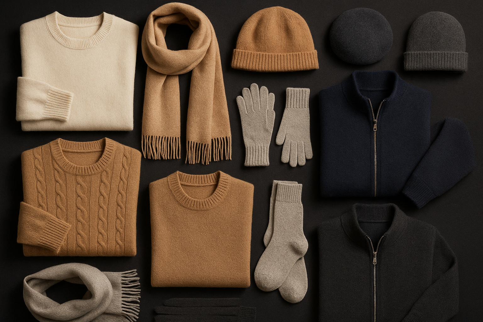 create an image that looks realistic no AI
theme: Optional Finishing Treatments for Custom Alpaca Knitwear

You need to show alpaca garments extra very soft: Sweaters women, scarves, socks, hats, gloves, Zip Jackets for men

All in old money style
Dark background
It´s the principal banner for this page