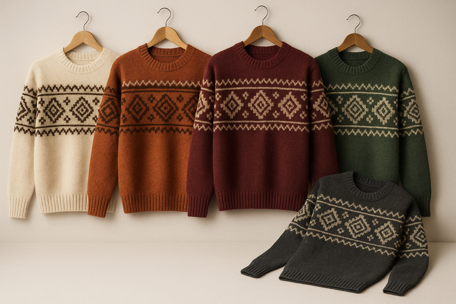 Display all color variants of medium-weight Andean alpaca knit sweaters. Geometric patterns inspired by Andes culture. Elegant, neutral background, soft shadows, all sweaters aligned or hanging gracefully. Refined, old-fashion yet modern tone for ecommerce wholesale presentation.