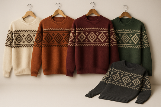 Display all color variants of medium-weight Andean alpaca knit sweaters. Geometric patterns inspired by Andes culture. Elegant, neutral background, soft shadows, all sweaters aligned or hanging gracefully. Refined, old-fashion yet modern tone for ecommerce wholesale presentation.