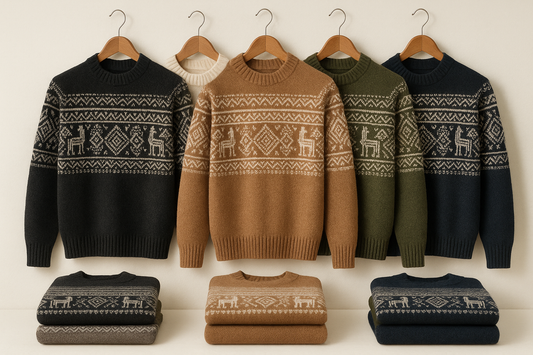 Display Cusco Nordic Pattern Sweater -&nbsp; with elegant andean and nordic motifs in all available colors: black/gray, beige/cream, vicuña, Army Green elegant, Navy Blue &nbsp;Arrange on hangers or folded. White minimalist background, warm tone lighting.

Save as: alpaca-sweater-women-cusco-wholesale.jpg (JPG, 2048x2048).