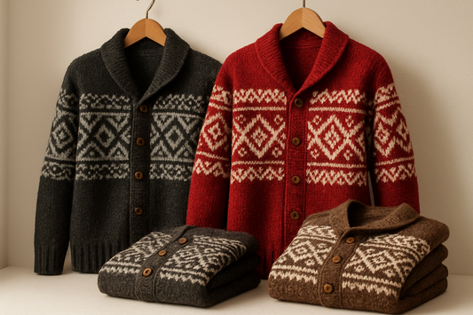Display thick-knit alpaca cardigans with Andean-inspired motifs in all available colors: black/gray, red/white, brown/cream. Arrange on hangers or folded. White minimalist background, warm tone lighting, handmade craftsmanship visible.
Save as: andes-cardigan-thick-knit-wholesale.jpg (JPG, 2048x2048).