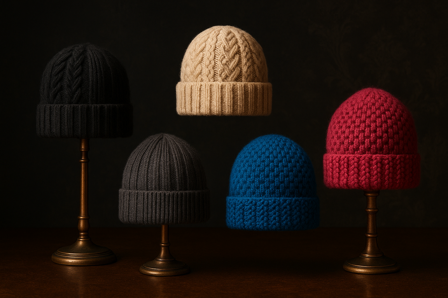 It needs to have a contrast and elegant background
No body or face needed
You must show different designs and patterns of knitted hats - 5 different models