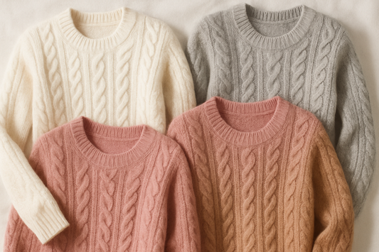 Luxury women’s cable-knit alpaca sweaters in multiple colorways. Display all variations on soft white textile background. Highlight rich cable texture and premium fiber quality. Elegant, timeless, ecommerce-ready shot.