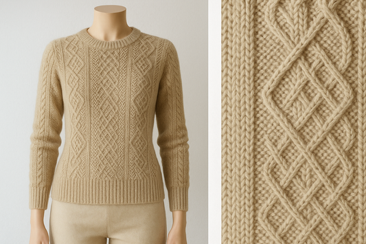 Realistic ecommerce photo of a women’s alpaca cable knit sweater in beige, displayed on a feminine mannequin silhouette (no face). Fine Nordic knit pattern, mid-weight texture, ribbed cuffs and hem, natural lighting, white background, soft shadows, professional studio look for wholesale product listing.

It must have a x3 closest on the product side