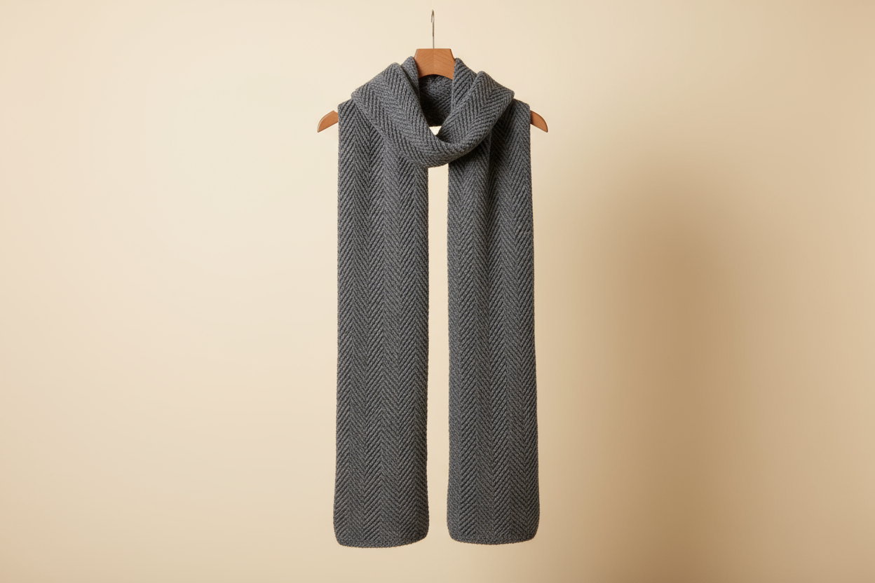 Realistic high-resolution e-commerce image of a men’s/women’s Herringbone Relief Knit Scarf in charcoal gray, knitted on a fine-gauge flat machine. Fabric composition: baby alpaca, merino, recycled nylon (blend visually: soft matte halo, slight yarn loft). Show full scarf hanging vertically on a slim matte oak hanger, centered on a warm cream studio background (soft gradient). Camera: 50mm equivalent, 1:1 or 4:5 crop. Lighting: soft natural daylight from 45°, subtle rim light to reveal 3D diagonal herringbo