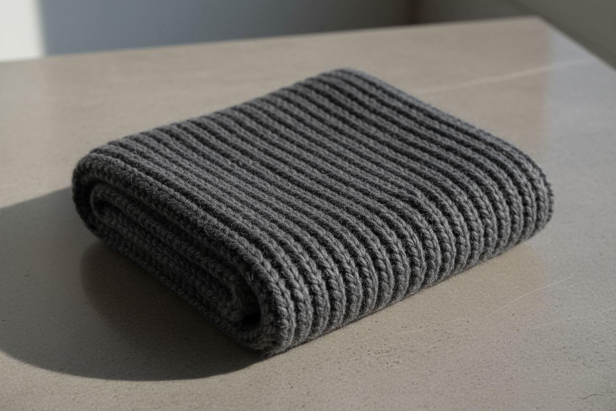 Realistic high-resolution e-commerce image of a Rib Alpaca Scarf – Charcoal, made from 100% baby alpaca yarn, heavy weight rib knit (7-gauge) with 2.5 mm relief depth. The scarf appears thick, structured, and luxuriously soft with a matte-brushed finish and light alpaca halo. Folded neatly on a neutral cool-grey stone background, lit with soft daylight from the left (50mm lens, f/4 aperture). Balanced highlights and defined texture shadows emphasize craftsmanship and material richness. Composition minimalis