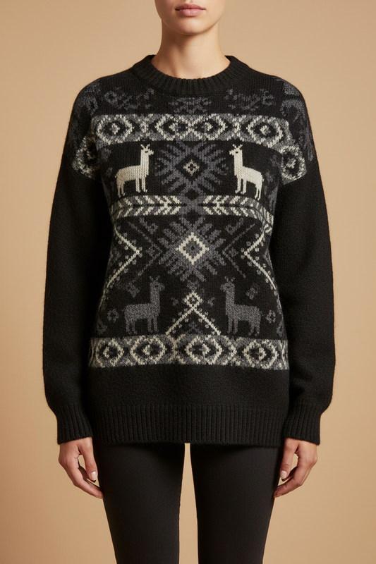 Black sweater with alpaca pattern on a beige background