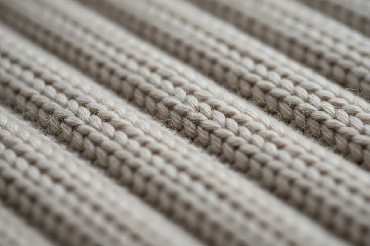 Ultra close-up macro photograph of the Rib Alpaca Scarf – Natural, showing heavy weight rib knit texture (7-gauge) with 2.5 mm relief depth. Focus on the tactile softness of baby alpaca fibers and the refined stitch definition. Lighting from upper left with shallow depth of field (35mm macro lens, f/2.8). Emphasize fine fiber halo, natural matte finish, and creamy undyed alpaca color. Background softly blurred in matching neutral tone to highlight texture quality and craftsmanship.