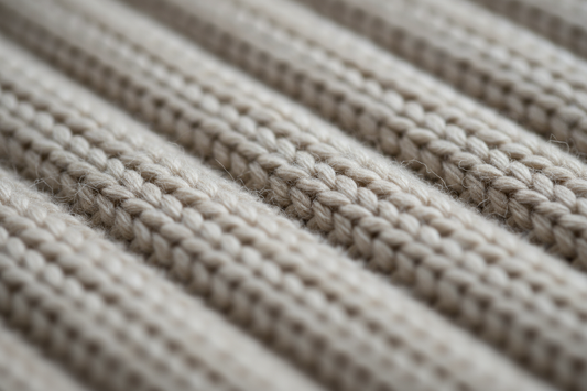 Ultra close-up macro photograph of the Rib Alpaca Scarf – Natural, showing heavy weight rib knit texture (7-gauge) with 2.5 mm relief depth. Focus on the tactile softness of baby alpaca fibers and the refined stitch definition. Lighting from upper left with shallow depth of field (35mm macro lens, f/2.8). Emphasize fine fiber halo, natural matte finish, and creamy undyed alpaca color. Background softly blurred in matching neutral tone to highlight texture quality and craftsmanship.