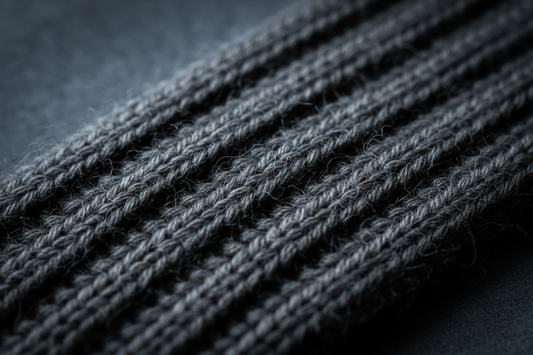 Ultra-detailed macro close-up of the Rib Alpaca Scarf – Charcoal, showing the deep rib structure and fiber halo of 100% baby alpaca yarn. Knit density: heavy weight, 7-gauge, 2.5 mm relief depth. Lighting angled from upper left (35mm macro lens, f/2.8) to capture stitch precision, soft fiber edges, and tonal gradient in the charcoal shade. Emphasize tactile softness, matte texture, and subtle sheen across the rib ridges. Background softly blurred in a matching cool tone for elegant contrast.