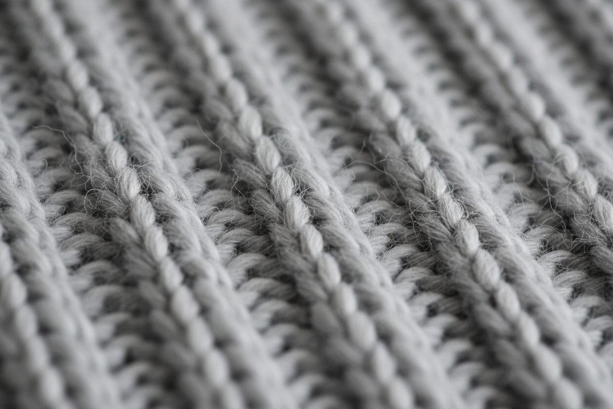 Ultra-realistic macro photo of 6x3 rib knit alpaca and merino wool fabric in light grey, with visible rib structure, fine fibers, and soft halo. Captures texture depth and softness, luxury textile photography style.