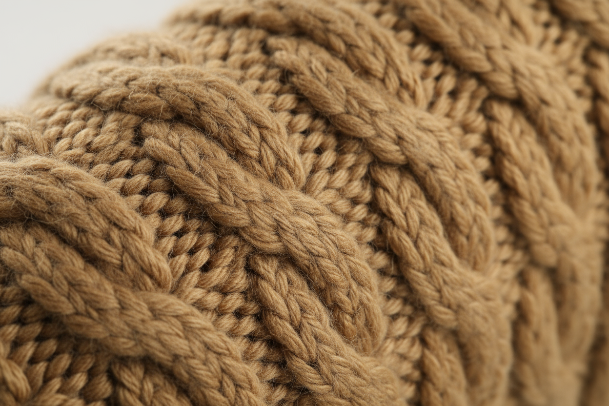Ultra-realistic macro photo of baby alpaca heavy cable knit fabric in camel tone, showing deep cable relief, natural fibers, and soft halo. High-end knitwear texture photography, professional lighting, 4K detail.