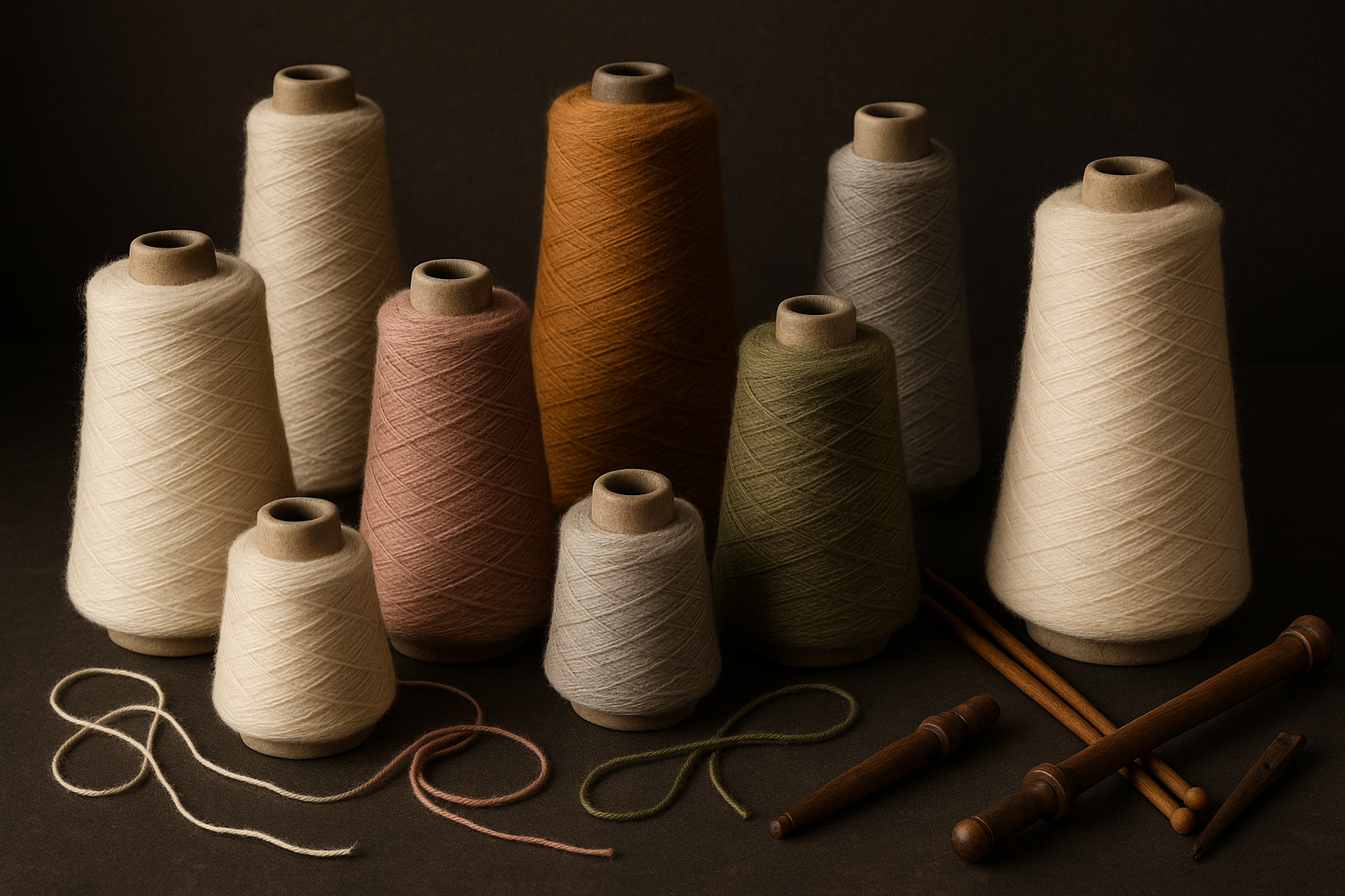 want you to develop an image related to textiles related to the theme: Alpaca fine cones to knit, also vicuña cones and cashmere
It should have a traditional look.
Natural colors, grey tones, pink tones, army green tones, vicuña color tones
Dark background.
Adaptable to mobile devices, tablets, and desktop computers.
A little chaos is required.
It should be realistic, without the appearance of AI.
