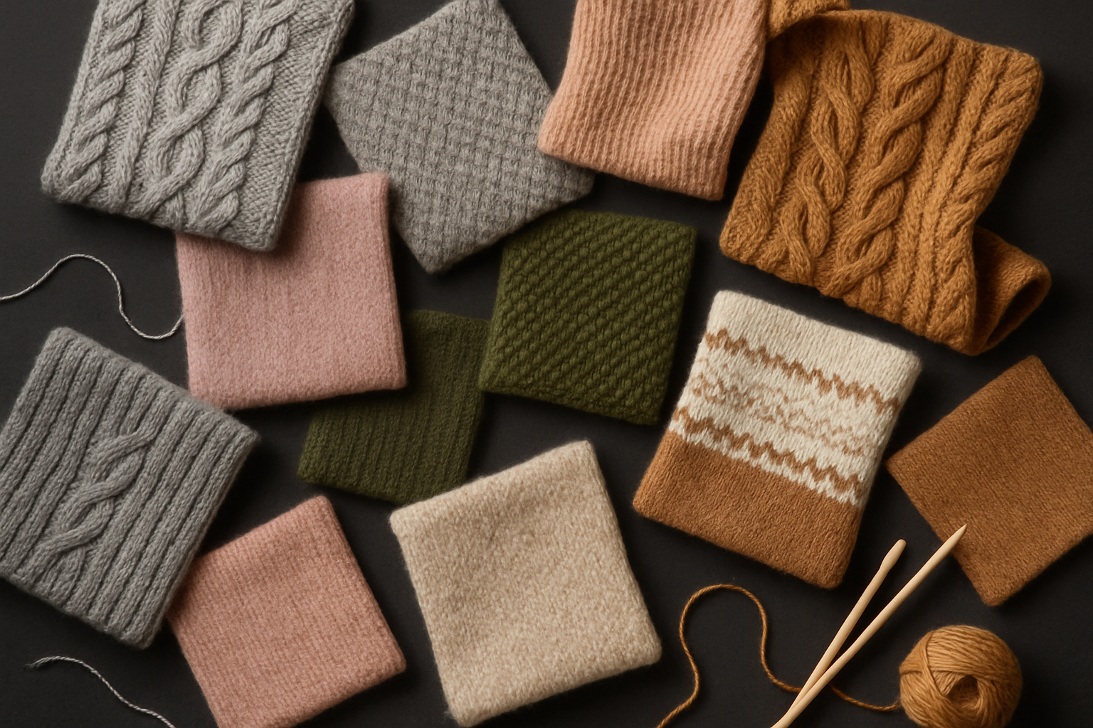 want you to develop an image related to textiles related to the theme: alpaca, vicuña, and cashmere swatches in different patterns
It should have a traditional look.
Natural colors, grey tones, pink tones, army green tones, vicuña color tones
Dark background.
Adaptable to mobile devices, tablets, and desktop computers.
A little chaos is required.
It should be realistic, without the appearance of AI
It needs to have different type of knits 