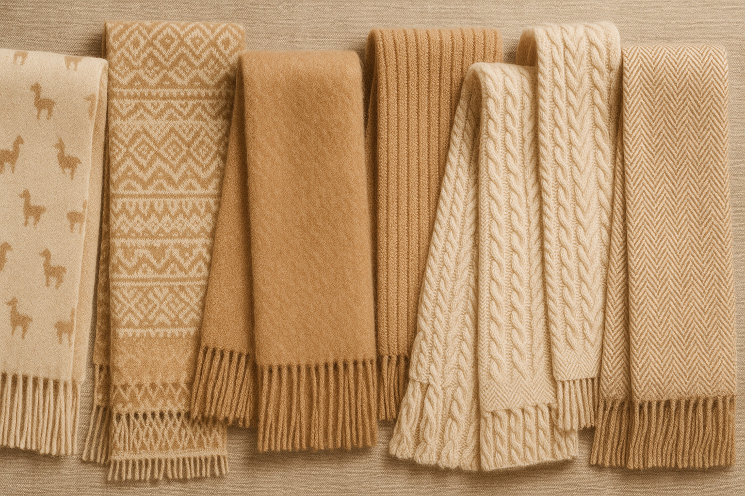 you need to show different patterns, alpaca print patterns, nordic patterns, brushed scarves, ribbed scarves... All elegant, old fashion